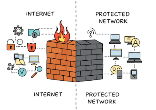 A firewall protects the small business network against online threats.